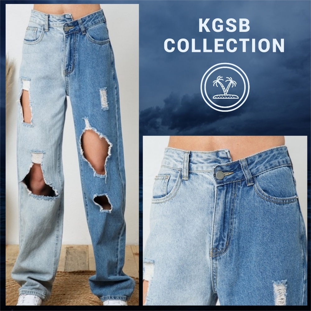 Color Contrast Oversized Cut-Out Uneven Waist Streetwear Jeans